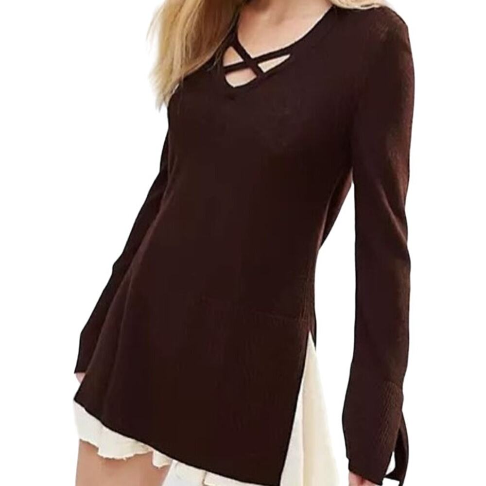 Free People Criss Cross Knitted Sweater Side Slit Bell Sleeves Brown Large
